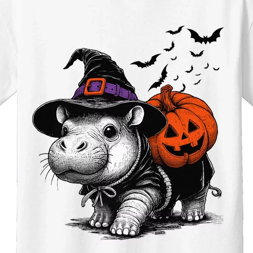 Moo Deng Bouncy Pig Moo Deng Halloween Funny Hippo With Pumpkin Witch Hat Kids T-Shirt