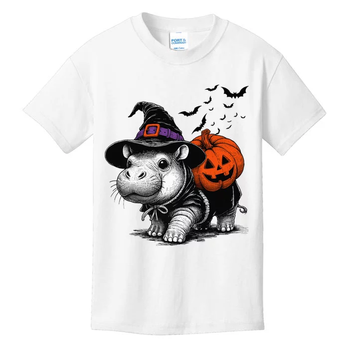 Moo Deng Bouncy Pig Moo Deng Halloween Funny Hippo With Pumpkin Witch Hat Kids T-Shirt