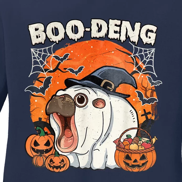 Moo Deng Cute Baby Pygmy Hippo Bouncy Pig In Thai Halloween Ladies Long Sleeve Shirt