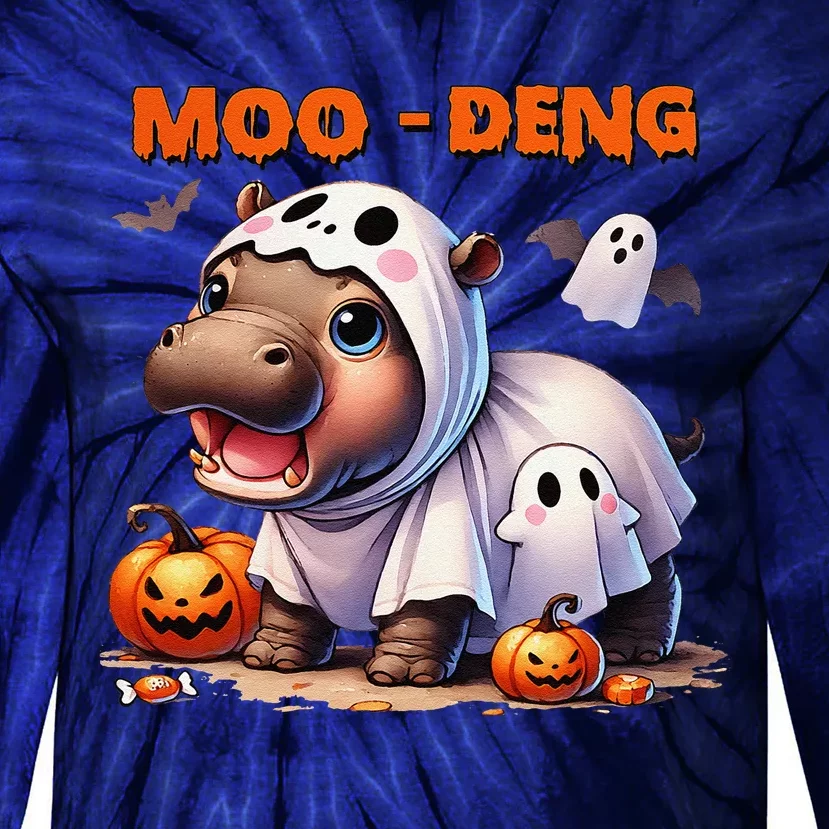 Moo Deng Cute Baby Pygmy Hippo Bouncy Pig In Thai Halloween Tie-Dye Long Sleeve Shirt