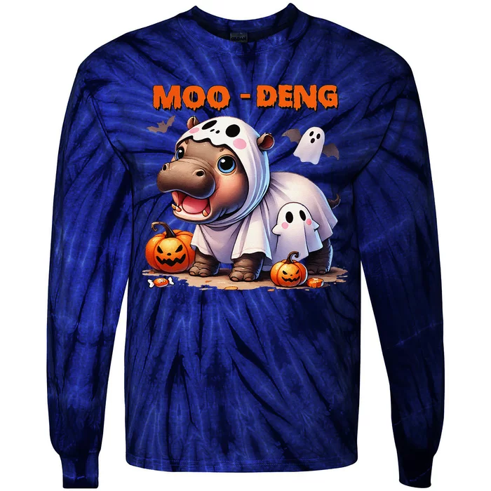 Moo Deng Cute Baby Pygmy Hippo Bouncy Pig In Thai Halloween Tie-Dye Long Sleeve Shirt