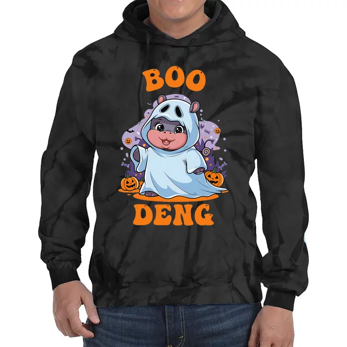 Moo Deng Cute Baby Pygmy Hippo Bouncy Pig In Thai Halloween Tie Dye Hoodie