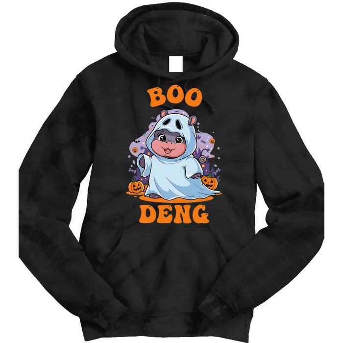 Moo Deng Cute Baby Pygmy Hippo Bouncy Pig In Thai Halloween Tie Dye Hoodie