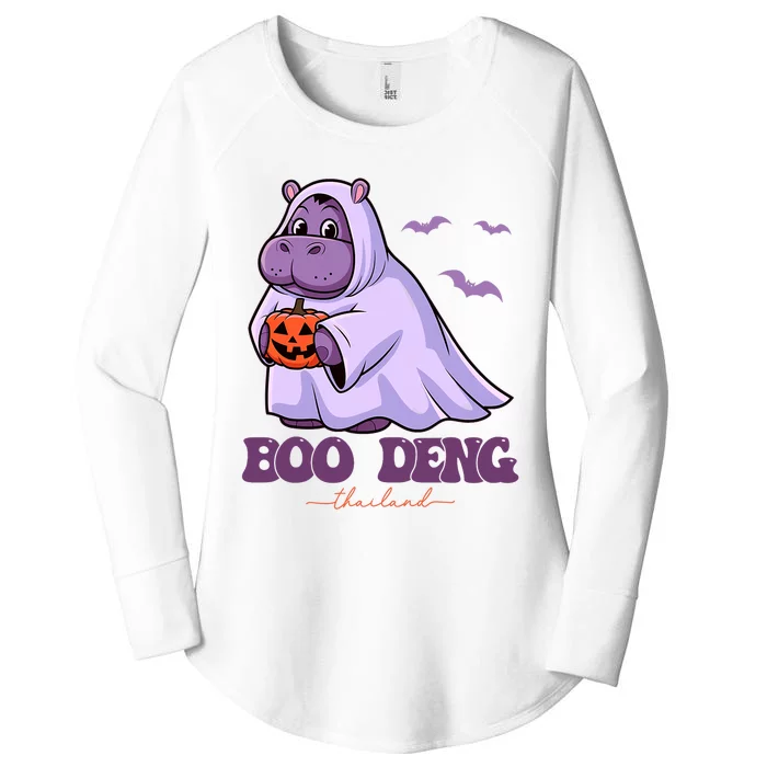 Moo Deng Cute Baby Pygmy Hippo Bouncy Pig In Thai Halloween Costume Women's Perfect Tri Tunic Long Sleeve Shirt