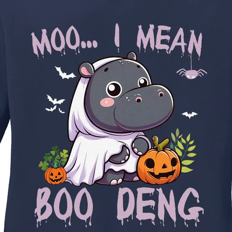 Moo Deng Cute Baby Pygmy Hippo Bouncy Pig In Thai Halloween Ladies Long Sleeve Shirt