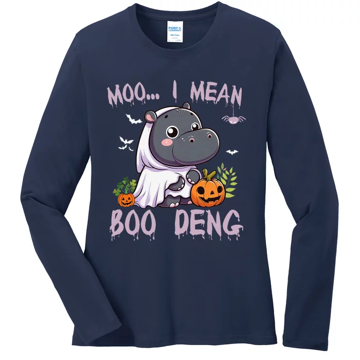 Moo Deng Cute Baby Pygmy Hippo Bouncy Pig In Thai Halloween Ladies Long Sleeve Shirt