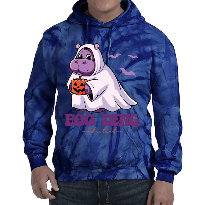 Moo Deng Cute Baby Pygmy Hippo Bouncy Pig In Thai Halloween Tie Dye Hoodie