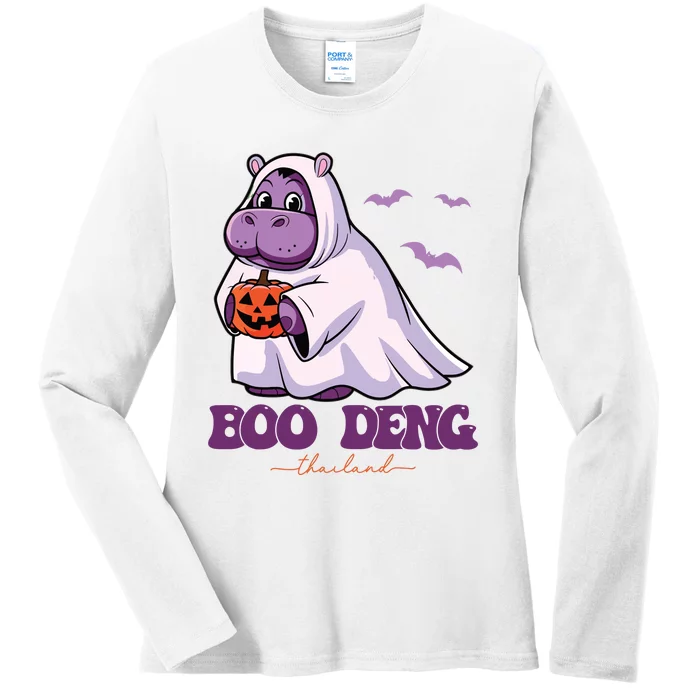 Moo Deng Cute Baby Pygmy Hippo Bouncy Pig In Thai Halloween Ladies Long Sleeve Shirt