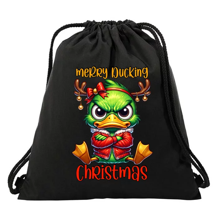 Merry Ducking Christmas Funny Sarcastic Grumpy Duck Drawstring Bag