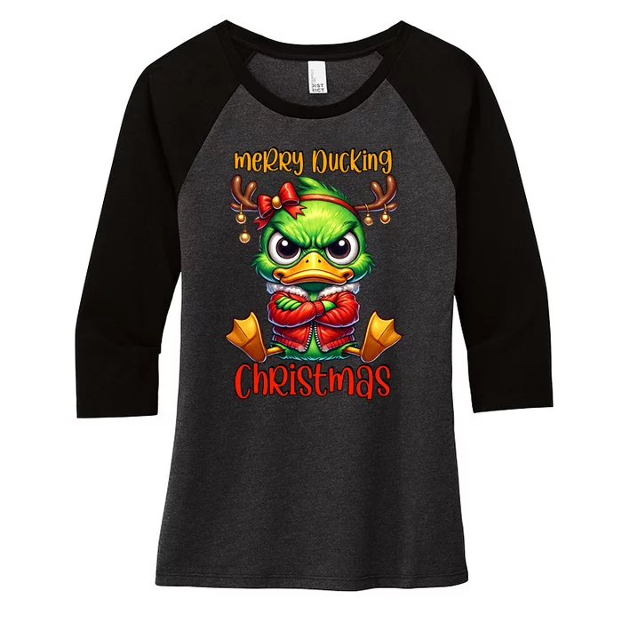 Merry Ducking Christmas Funny Sarcastic Grumpy Duck Women's Tri-Blend 3/4-Sleeve Raglan Shirt