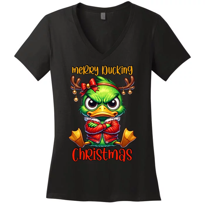 Merry Ducking Christmas Funny Sarcastic Grumpy Duck Women's V-Neck T-Shirt