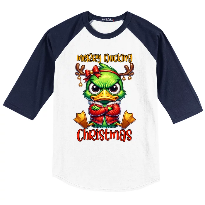 Merry Ducking Christmas Funny Sarcastic Grumpy Duck Baseball Sleeve Shirt