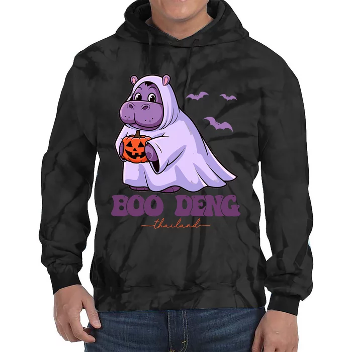 Moo Deng Cute Baby Pygmy Hippo Bouncy Pig In Thai Halloween Tie Dye Hoodie