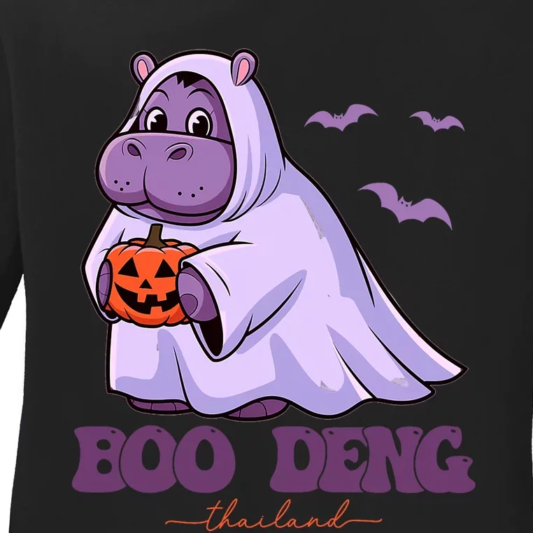 Moo Deng Cute Baby Pygmy Hippo Bouncy Pig In Thai Halloween Ladies Long Sleeve Shirt