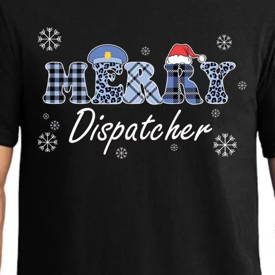 Merry Dispatcher Christmas Police Buffalo Plaid Leopard Santa Hat Graphic Pajama Set