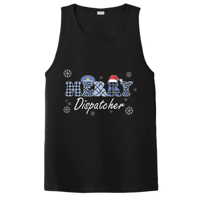 Merry Dispatcher Christmas Police Buffalo Plaid Leopard Santa Hat Graphic Performance Tank