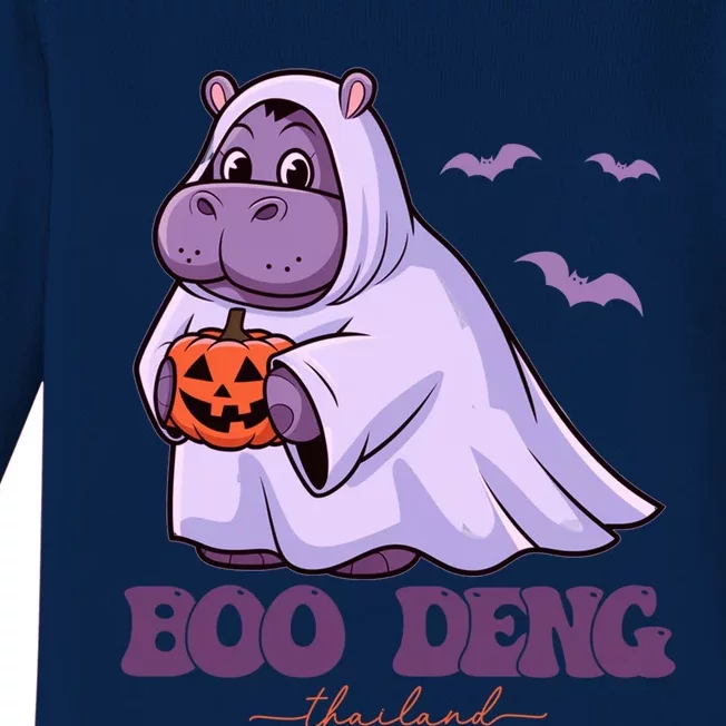 Moo Deng Cute Baby Pygmy Hippo Bouncy Pig In Thai Halloween Baby Long Sleeve Bodysuit