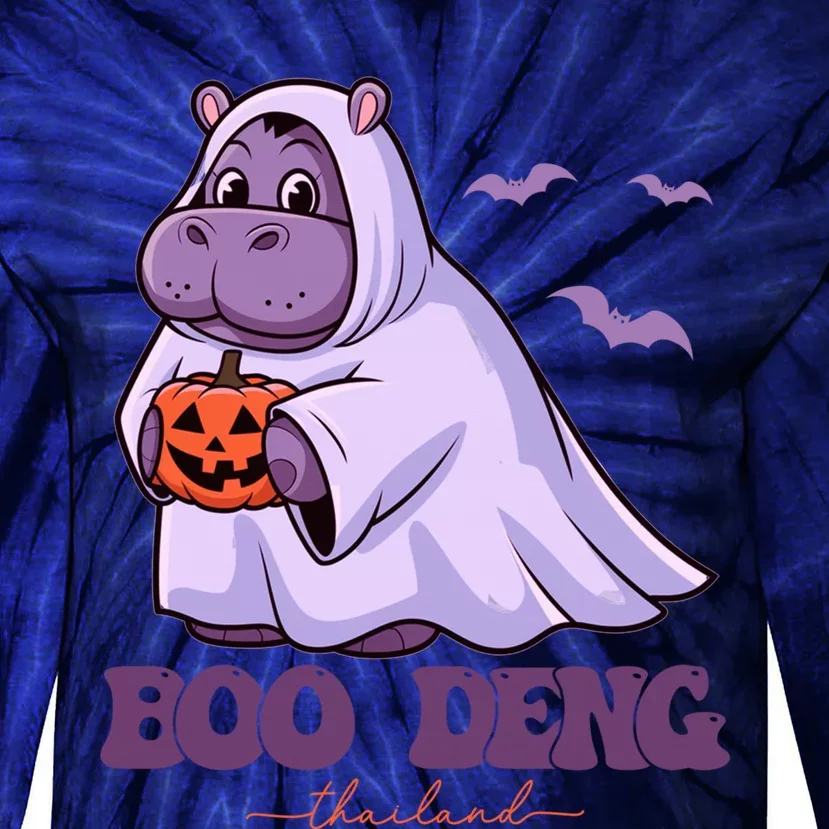 Moo Deng Cute Baby Pygmy Hippo Bouncy Pig In Thai Halloween Tie-Dye Long Sleeve Shirt