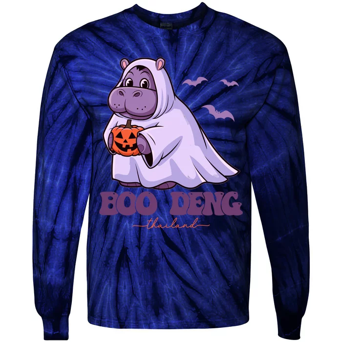 Moo Deng Cute Baby Pygmy Hippo Bouncy Pig In Thai Halloween Tie-Dye Long Sleeve Shirt