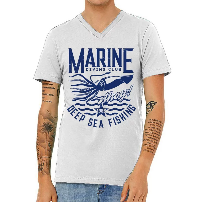 Marine Diving Club Deep Sea Fishing 1986 V-Neck T-Shirt