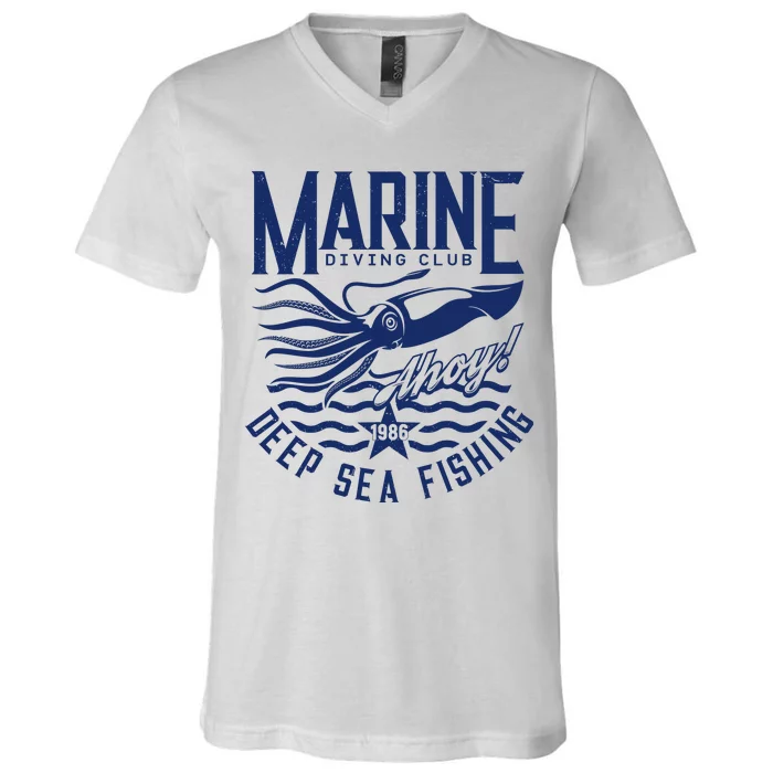 Marine Diving Club Deep Sea Fishing 1986 V-Neck T-Shirt