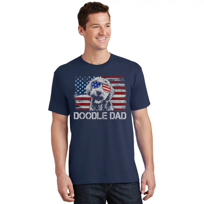 Mens Doodle Dad Goldendoodle Dog American Flag 4th Of July T-Shirt