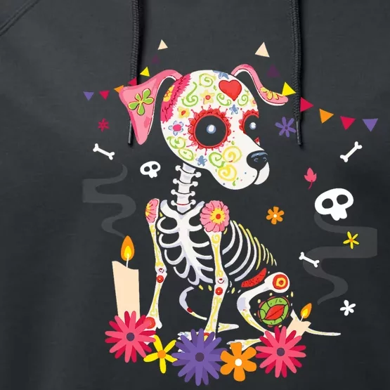 Mexican Dog Day Of The Dead Skeleton Sugar Flowers Dogs Performance Fleece Hoodie