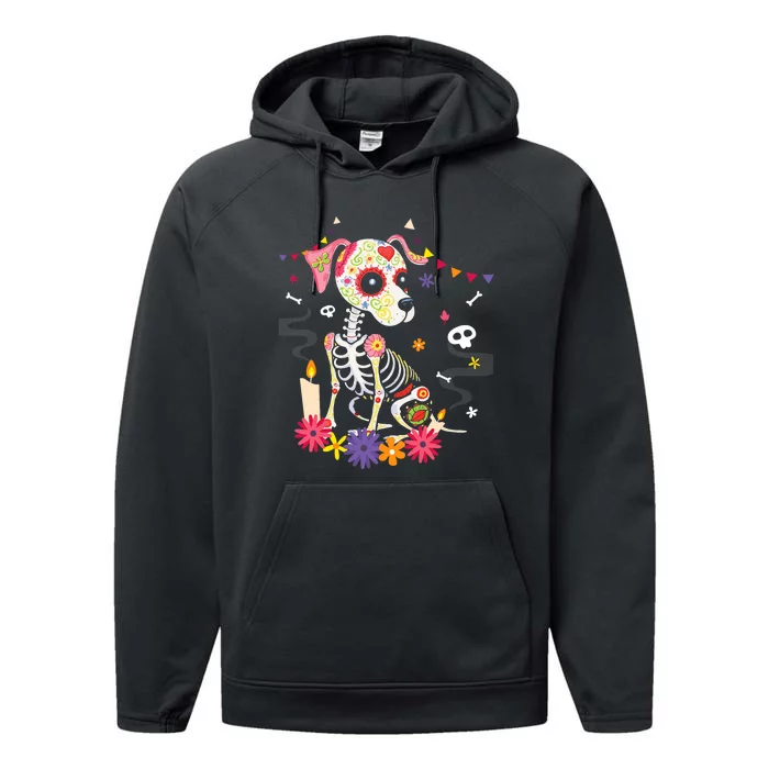 Mexican Dog Day Of The Dead Skeleton Sugar Flowers Dogs Performance Fleece Hoodie