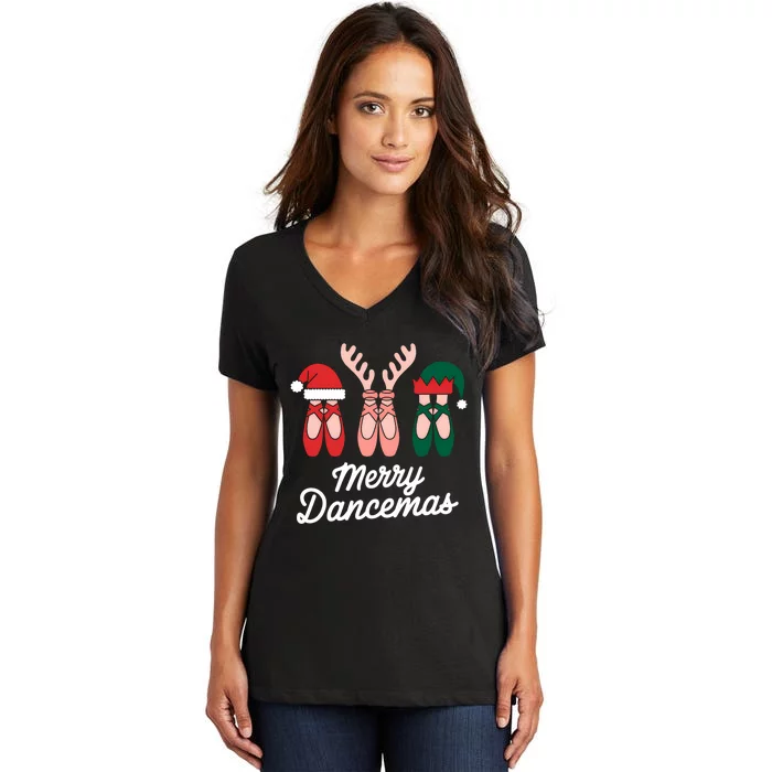 Merry Dancemas Dance Ballerina Pointe Shoe Christmas Women's V-Neck T-Shirt