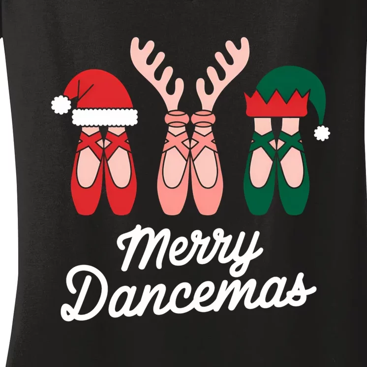 Merry Dancemas Dance Ballerina Pointe Shoe Christmas Women's V-Neck T-Shirt