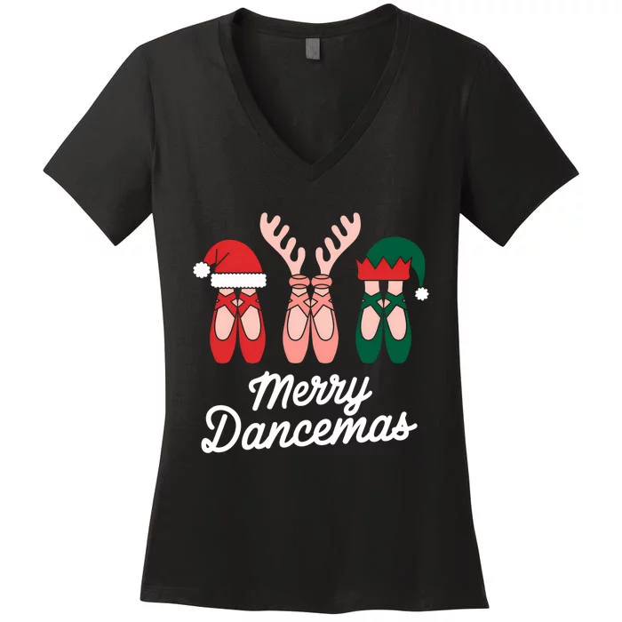 Merry Dancemas Dance Ballerina Pointe Shoe Christmas Women's V-Neck T-Shirt