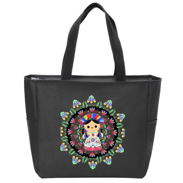 Mexican DollLelemaria Embroidered Mexican printed Zip Tote Bag