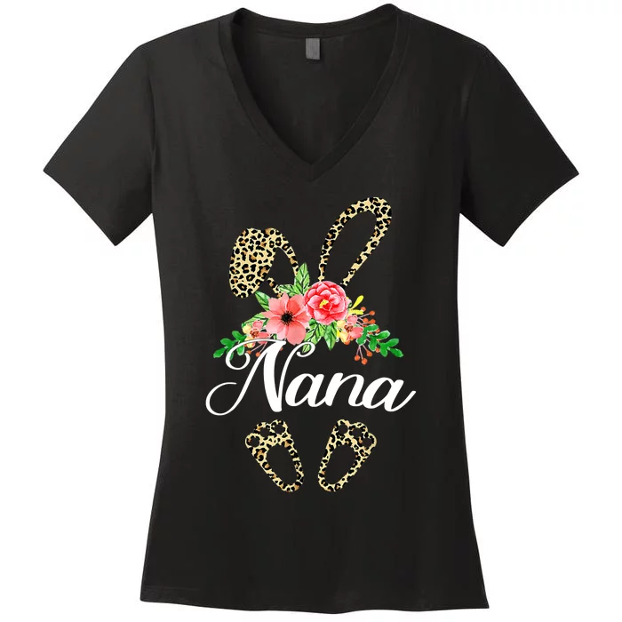 Mother's Day Easter Gifts Flower Nana Leopard Bunny Women's V-Neck T-Shirt