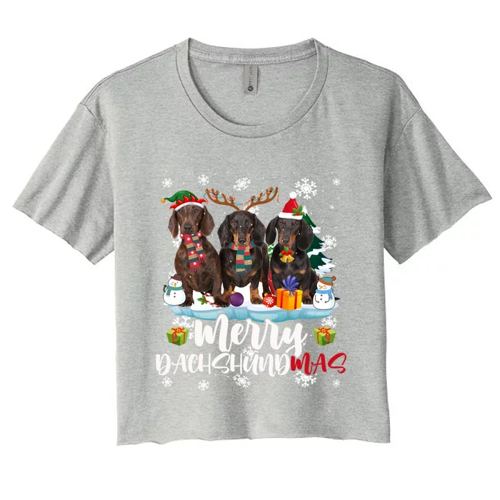 Merry Dachshundmas Funny Santa Reindeer Dachshund Lover Xmas Women's Crop Top Tee