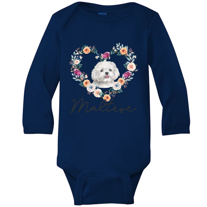 Maltese Dog Flower Heart Funny Mothers Day Gift Baby Long Sleeve Bodysuit