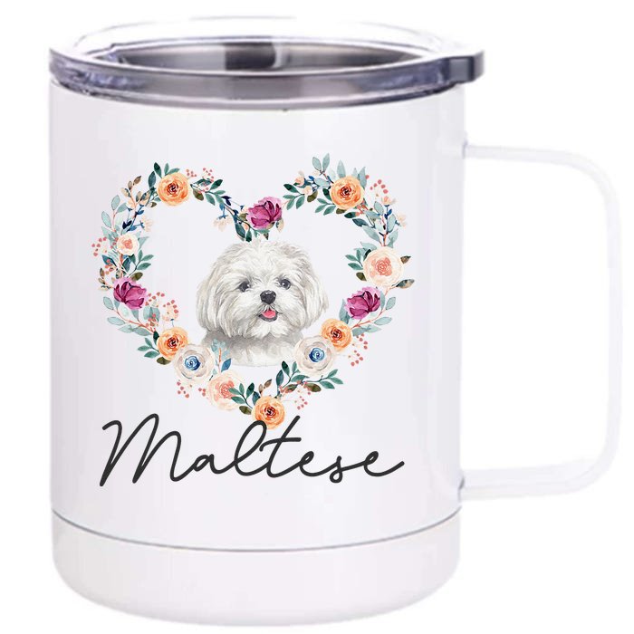 Maltese Dog Flower Heart Funny Mothers Day Gift Front & Back 12oz Stainless Steel Tumbler Cup