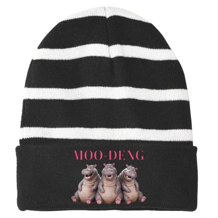 Moo Deng Funny Hippo Pygmy Hippopotamu Striped Beanie with Solid Band