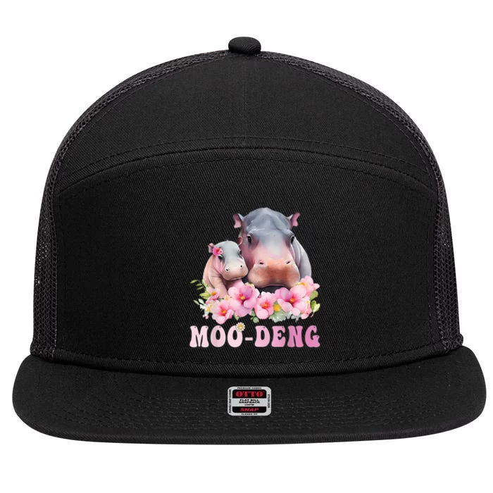 Moo Deng Floral Flower Pygmy Hippopotamus 7 Panel Mesh Trucker Snapback Hat