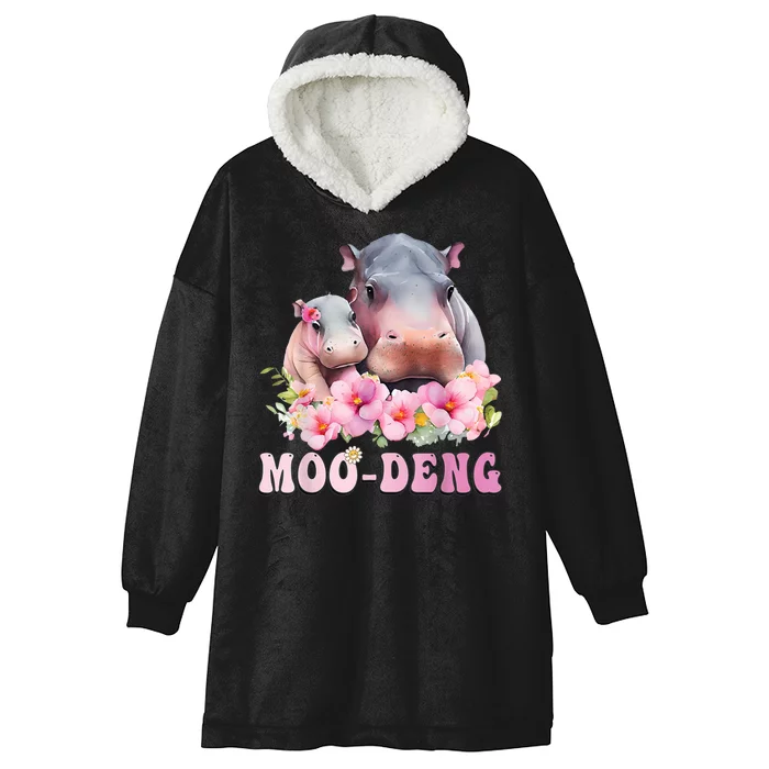 Moo Deng Floral Flower Pygmy Hippopotamus Hooded Wearable Blanket