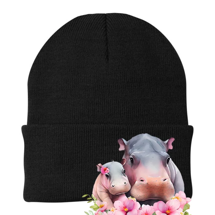 Moo Deng Floral Flower Pygmy Hippopotamus Knit Cap Winter Beanie