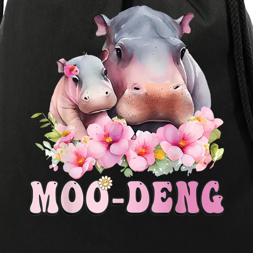 Moo Deng Floral Flower Pygmy Hippopotamus Drawstring Bag