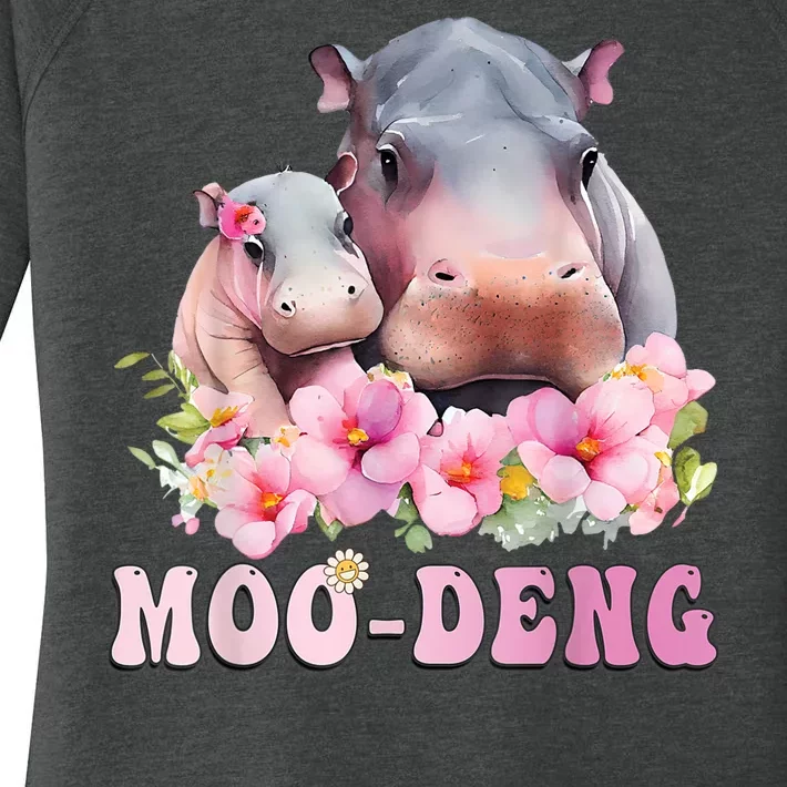 Moo Deng Floral Flower Pygmy Hippopotamus Women's Perfect Tri Tunic Long Sleeve Shirt