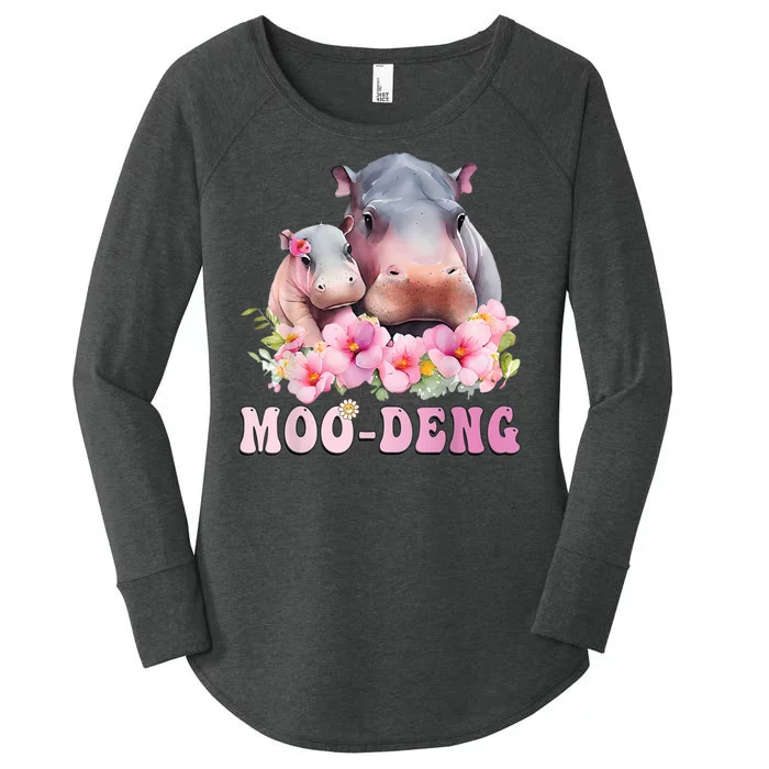 Moo Deng Floral Flower Pygmy Hippopotamus Women's Perfect Tri Tunic Long Sleeve Shirt