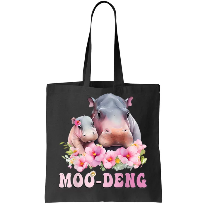 Moo Deng Floral Flower Pygmy Hippopotamus Tote Bag