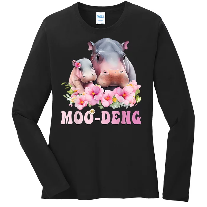 Moo Deng Floral Flower Pygmy Hippopotamus Ladies Long Sleeve Shirt