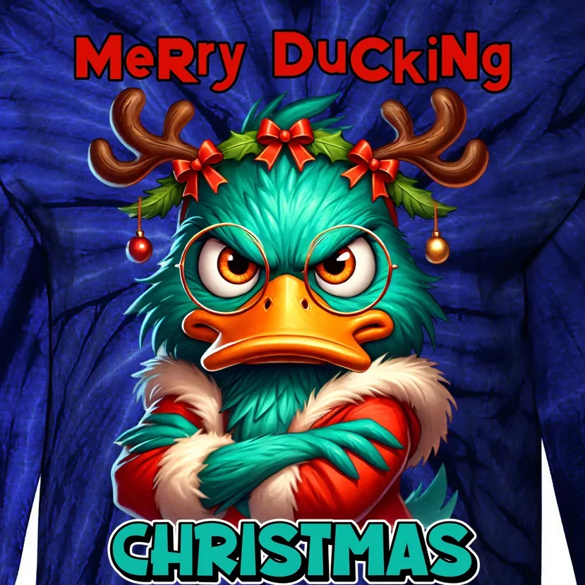 Merry Ducking Funny Sarcastic Grumpy Duck Christmas Tie-Dye Long Sleeve Shirt