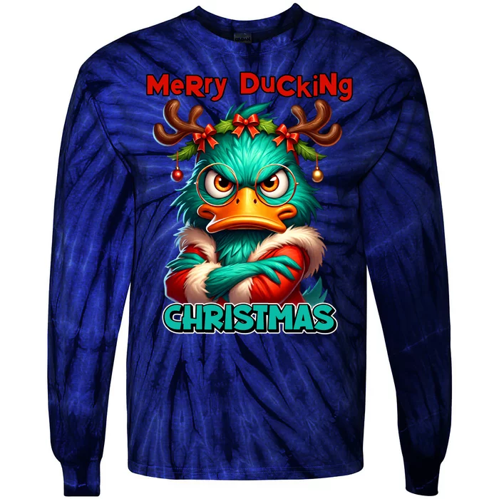 Merry Ducking Funny Sarcastic Grumpy Duck Christmas Tie-Dye Long Sleeve Shirt