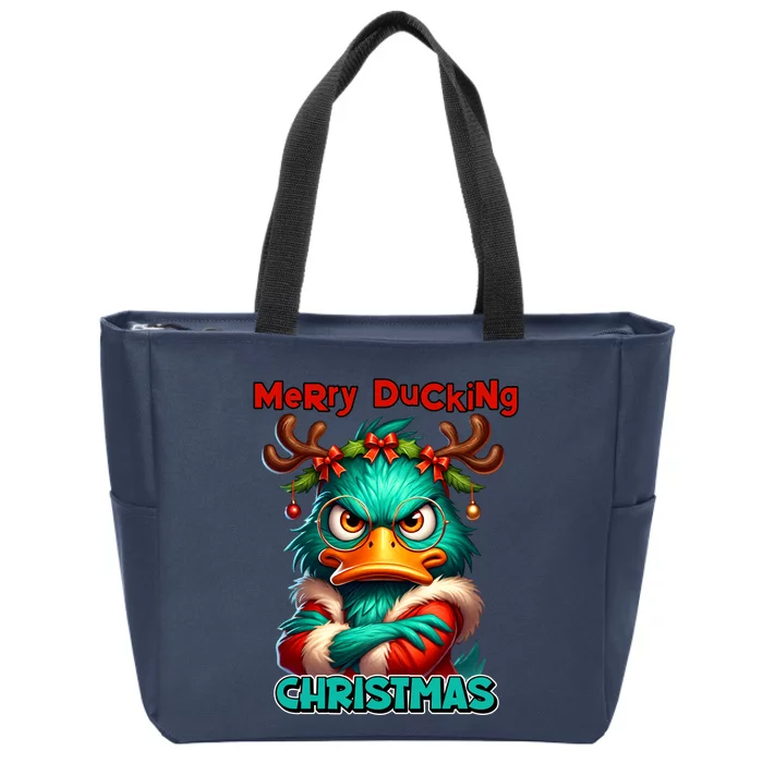 Merry Ducking Funny Sarcastic Grumpy Duck Christmas Zip Tote Bag