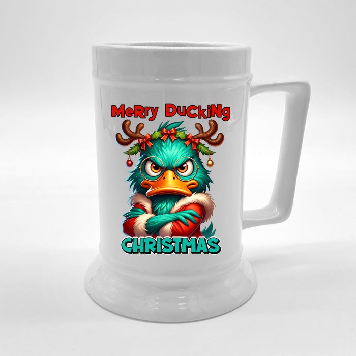 Merry Ducking Funny Sarcastic Grumpy Duck Christmas Front & Back Beer Stein