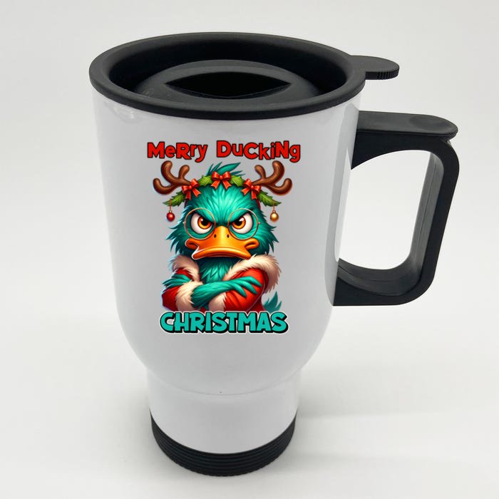 Merry Ducking Funny Sarcastic Grumpy Duck Christmas Front & Back Stainless Steel Travel Mug